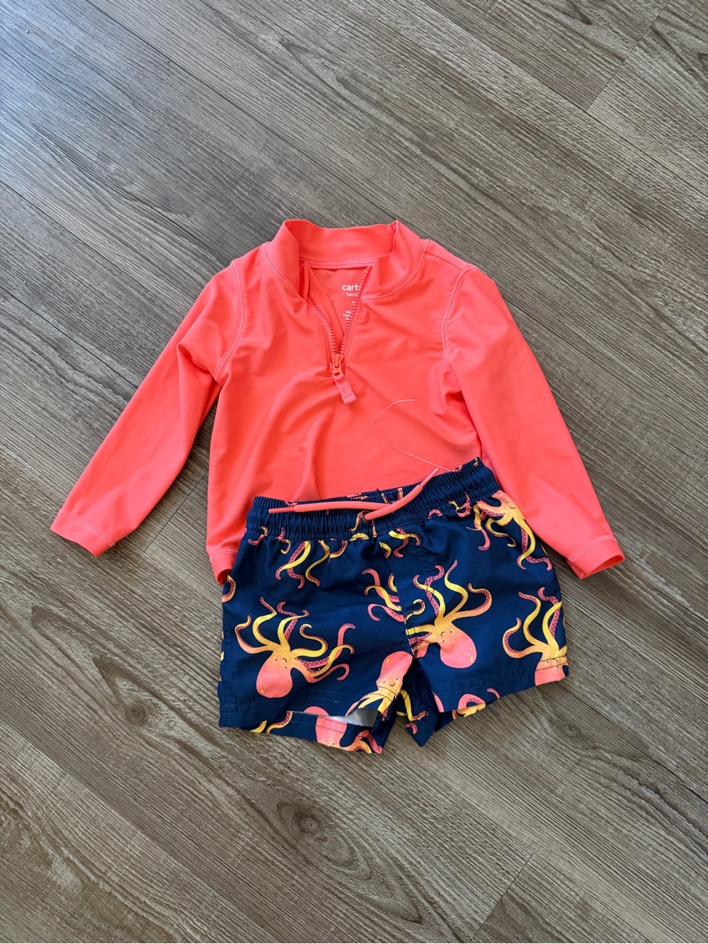 Carter's Neon Coral Long-Sleeve Rash Guard with Navy Octopus Swim Shorts